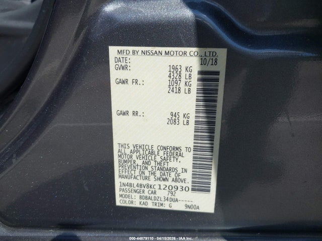 Aukcja sprzedaży 2019 Nissan Altima 2.5 S, vin: 1N4BL4BV8KC120930, numer aukcji: 44879110