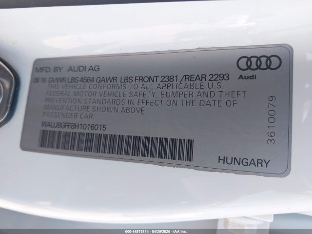 2017 Audi A3 2.0t Premium მანქანა იყიდება აუქციონზე, vin: WAUJ8GFF8H1016015, აუქციონის ნომერი: 44879114