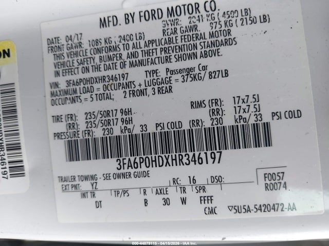 44879115 :رقم المزاد ، 3FA6P0HDXHR346197 vin ، 2017 Ford Fusion Se مزاد بيع