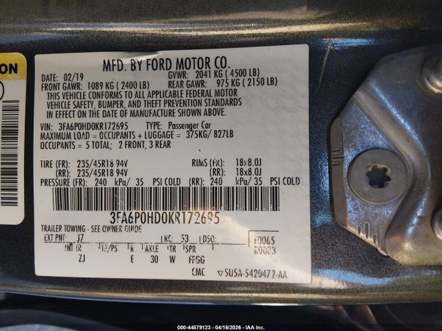 Aukcja sprzedaży 2019 Ford Fusion Se, vin: 3FA6P0HD0KR172695, numer aukcji: 44879123