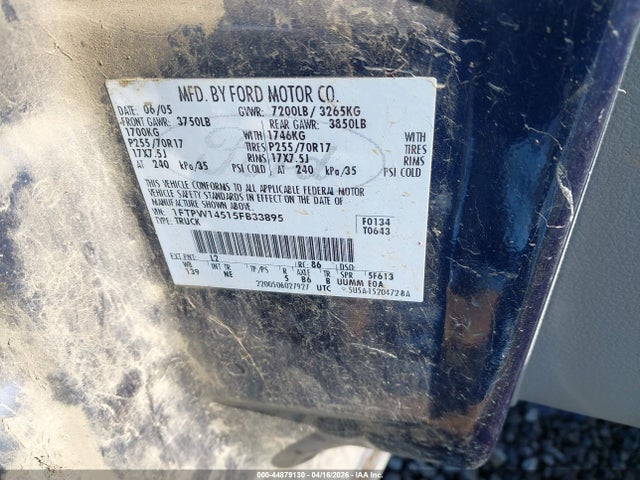 2005 Ford F-150 Fx4/lariat/xlt მანქანა იყიდება აუქციონზე, vin: 1FTPW14515FB33895, აუქციონის ნომერი: 44879130