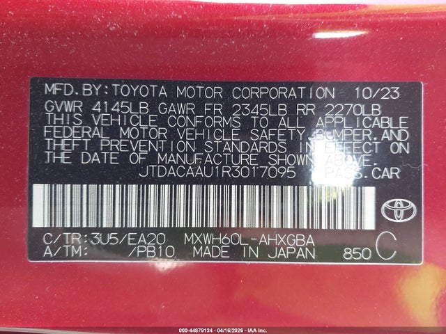 44879134 :رقم المزاد ، JTDACAAU1R3017095 vin ، 2024 Toyota Prius Xle مزاد بيع