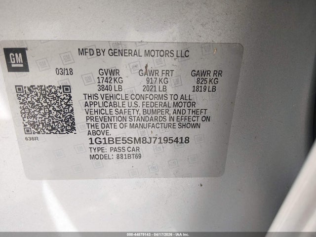Aukcja sprzedaży 2018 Chevrolet Cruze Lt Auto, vin: 1G1BE5SM8J7195418, numer aukcji: 44879143