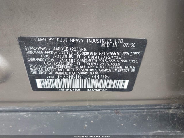 Aukcja sprzedaży 2009 Subaru Forester 2.5x, vin: JF2SH61619G744185, numer aukcji: 44879152