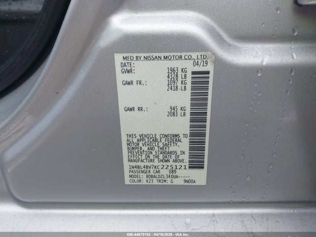 Aukcja sprzedaży 2019 Nissan Altima 2.5 S, vin: 1N4BL4BV7KC225121, numer aukcji: 44879163