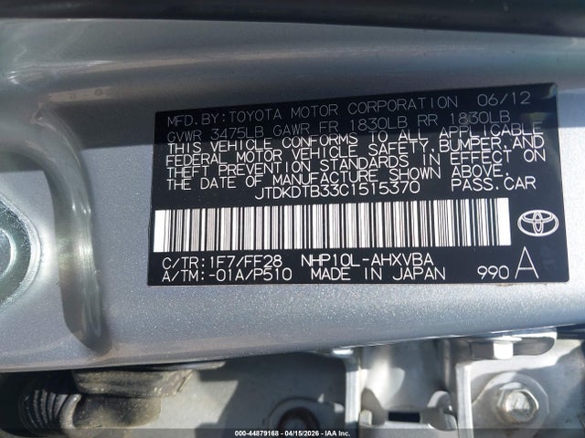Auction sale of the 2012 Toyota Prius C Two, vin: JTDKDTB33C1515370, lot number: 44879168