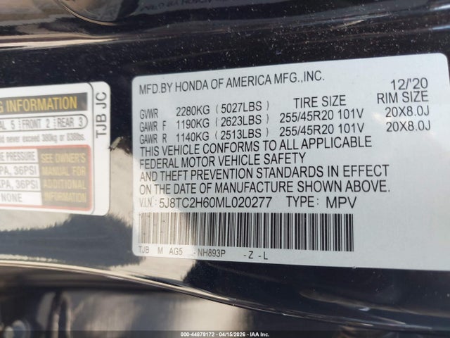 44879172 :رقم المزاد ، 5J8TC2H60ML020277 vin ، 2021 Acura Rdx A-spec Package مزاد بيع