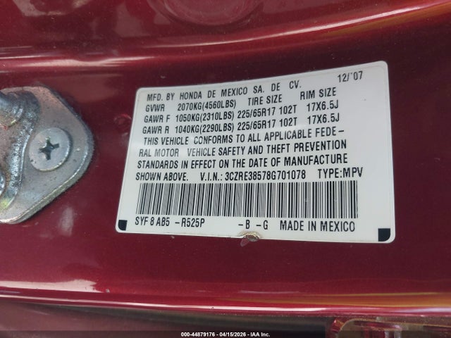 44879176 :رقم المزاد ، 3CZRE38578G701078 vin ، 2008 Honda Cr-v Ex مزاد بيع