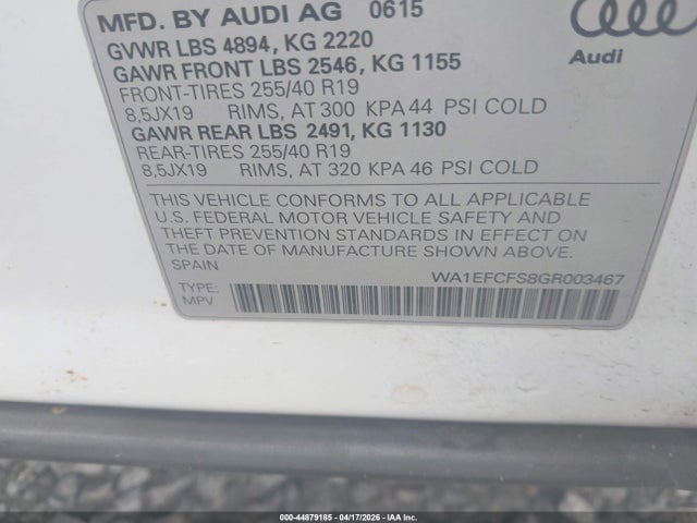 2016 Audi Q3 2.0t Premium Plus მანქანა იყიდება აუქციონზე, vin: WA1EFCFS8GR003467, აუქციონის ნომერი: 44879185