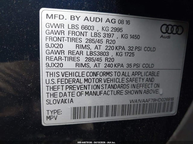 Продажа на аукционе авто 2017 Audi Q7 3.0t Premium, vin: WA1VAAF79HD026818, номер лота: 44879186