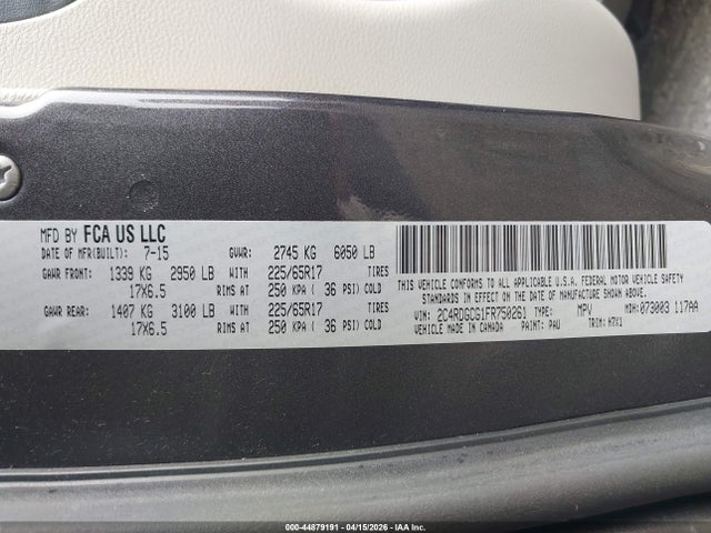 Aukcja sprzedaży 2015 Dodge Grand Caravan Sxt, vin: 2C4RDGCG1FR750261, numer aukcji: 44879191