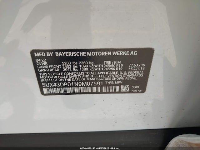 2022 Bmw X3 Sdrive30i მანქანა იყიდება აუქციონზე, vin: 5UX43DP01N9M07591, აუქციონის ნომერი: 44879195