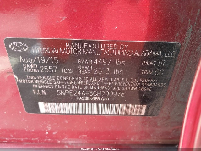 Aukcja sprzedaży 2016 Hyundai Sonata Se, vin: 5NPE24AF8GH290978, numer aukcji: 44879211