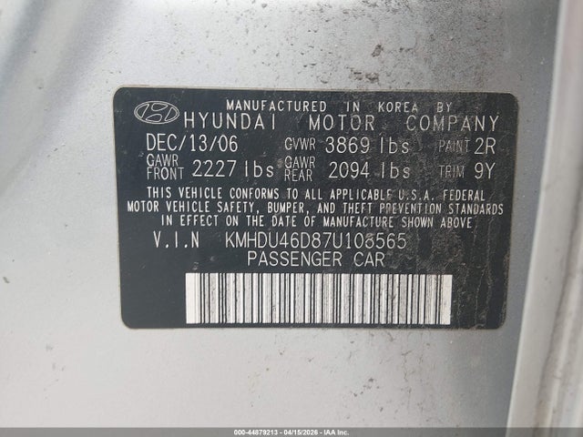 Aukcja sprzedaży 2007 Hyundai Elantra Gls/limited/se, vin: KMHDU46D87U108565, numer aukcji: 44879213
