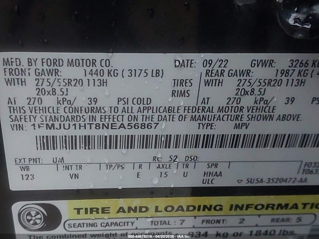 Aukcja sprzedaży 2022 Ford Expedition Xlt, vin: 1FMJU1HT8NEA56867, numer aukcji: 44879216