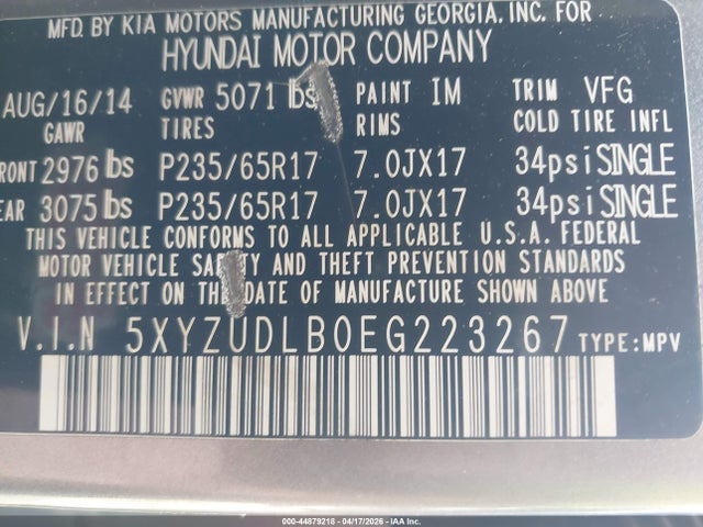 2014 Hyundai Santa Fe Sport 2.4l მანქანა იყიდება აუქციონზე, vin: 5XYZUDLB0EG223267, აუქციონის ნომერი: 44879218