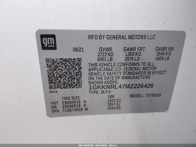 44879230 :رقم المزاد ، 1GKKNRL47MZ226426 vin ، 2021 Gmc Acadia Sle مزاد بيع