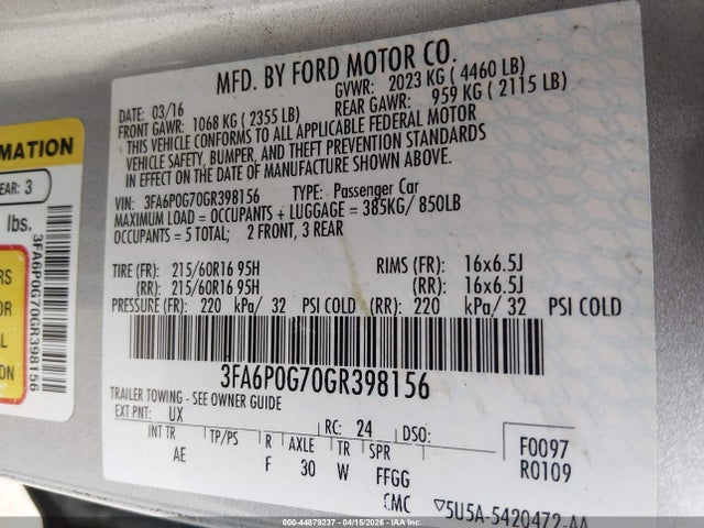 Aukcja sprzedaży 2016 Ford Fusion S, vin: 3FA6P0G70GR398156, numer aukcji: 44879237