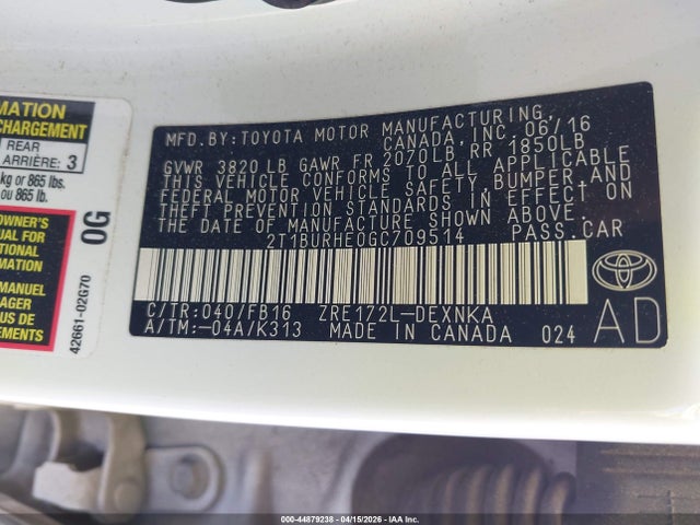 2016 Toyota Corolla Le მანქანა იყიდება აუქციონზე, vin: 2T1BURHE0GC709514, აუქციონის ნომერი: 44879238