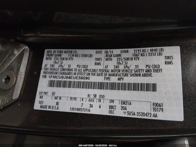 2014 Ford Escape Titanium მანქანა იყიდება აუქციონზე, vin: 1FMCU9J94EUE58090, აუქციონის ნომერი: 44879290