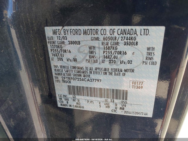 44879295 :رقم المزاد ، 2FTRF07254CA37797 vin ، 2004 Ford F-150 Heritage Xl/xlt مزاد بيع