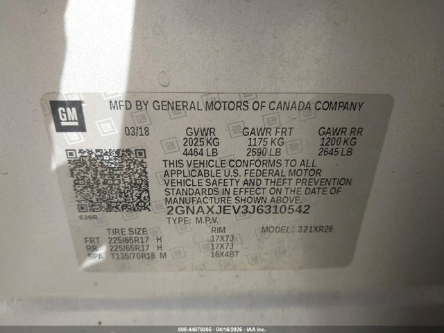 Продажа на аукционе авто 2018 Chevrolet Equinox Lt, vin: 2GNAXJEV3J6310542, номер лота: 44879305