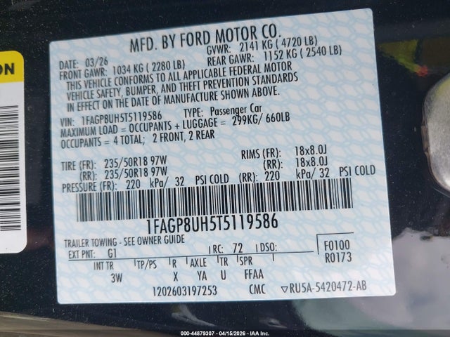 44879307 :رقم المزاد ، 1FAGP8UH5T5119586 vin ، 2026 Ford Mustang مزاد بيع