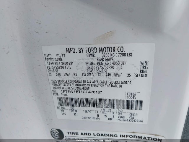Продаж на аукціоні авто 2012 Ford F-150 Platinum, vin: 1FTFW1ET1CFA70187, номер лоту: 44879313