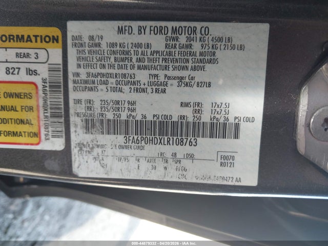 Aukcja sprzedaży 2020 Ford Fusion Se, vin: 3FA6P0HDXLR108763, numer aukcji: 44879332