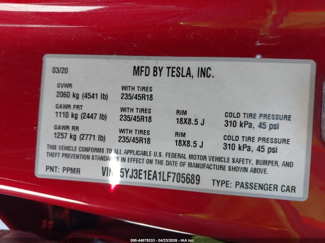 44879333 :رقم المزاد ، 5YJ3E1EA1LF705689 vin ، 2020 Tesla Model 3 Standard Range Plus Rear-wheel Drive/standard Range Rear-wheel Drive مزاد بيع