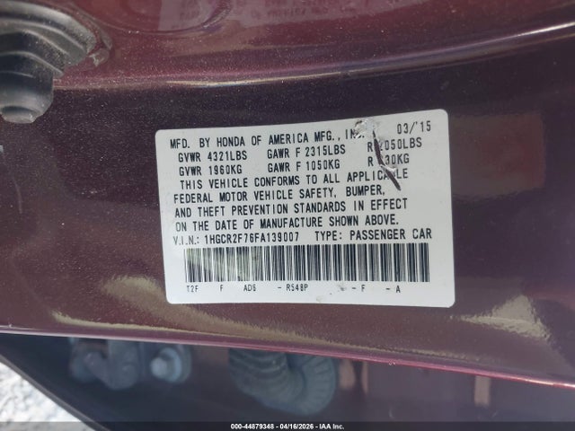 2015 Honda Accord Ex მანქანა იყიდება აუქციონზე, vin: 1HGCR2F76FA139007, აუქციონის ნომერი: 44879348