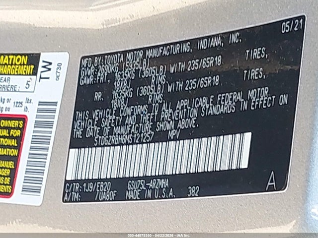 44879350 :رقم المزاد ، 5TDGZRBH6MS121257 vin ، 2021 Toyota Highlander Xle مزاد بيع