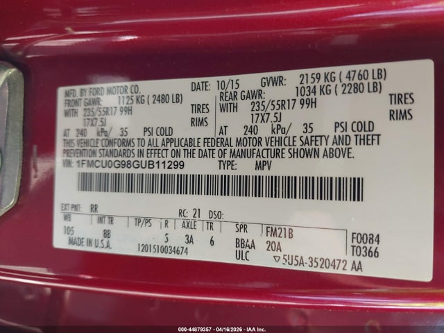 2016 Ford Escape Se მანქანა იყიდება აუქციონზე, vin: 1FMCU0G98GUB11299, აუქციონის ნომერი: 44879357