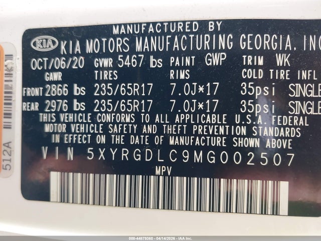 5XYRGDLC9MG002507 KIA SORENTO LX