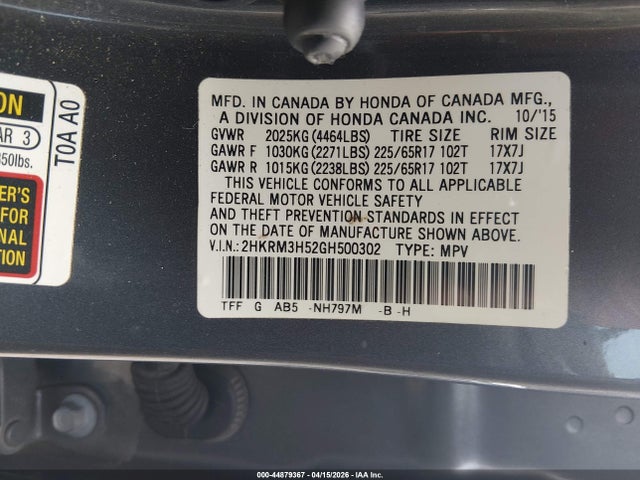 44879367 :رقم المزاد ، 2HKRM3H52GH500302 vin ، 2016 Honda Cr-v Ex مزاد بيع