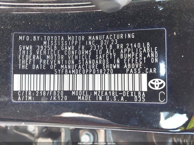 Продаж на аукціоні авто 2023 Toyota Corolla Le, vin: 5YFB4MDE0PP018220, номер лоту: 44879369