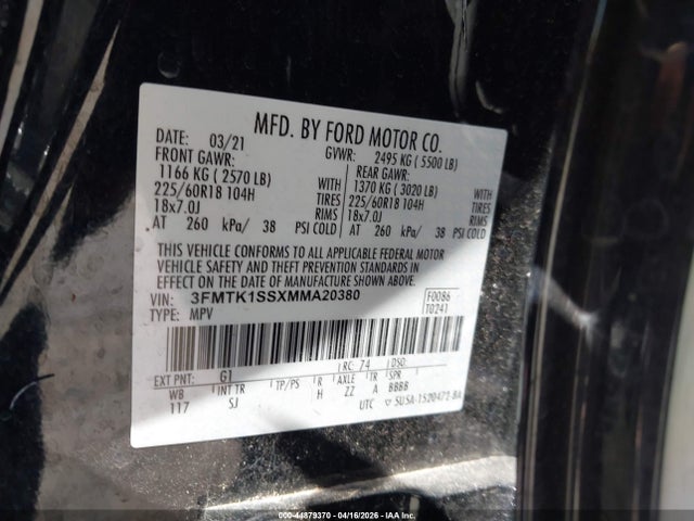 Продаж на аукціоні авто 2021 Ford Mustang Mach-e Select, vin: 3FMTK1SSXMMA20380, номер лоту: 44879370