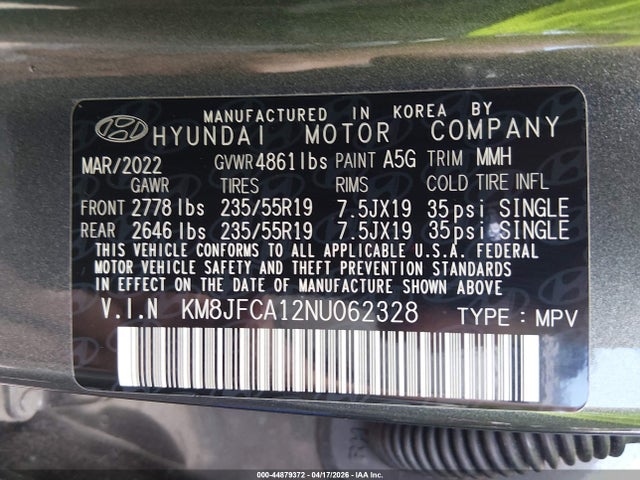 Aukcja sprzedaży 2022 Hyundai Tucson Hybrid Sel Convenience, vin: KM8JFCA12NU062328, numer aukcji: 44879372