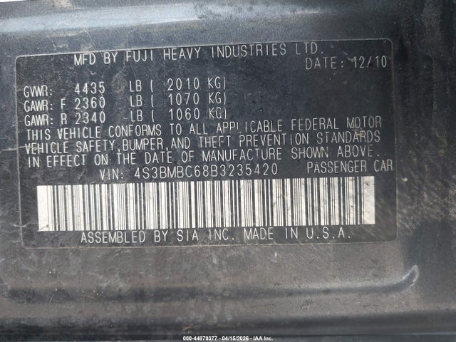 44879377 :رقم المزاد ، 4S3BMBC68B3235420 vin ، 2011 Subaru Legacy 2.5i Prem Awp مزاد بيع