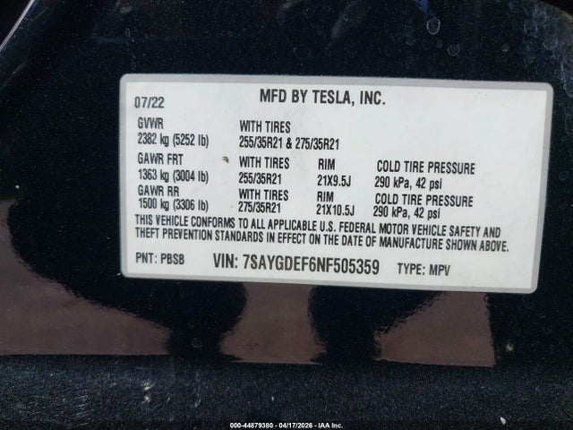Aukcja sprzedaży 2022 Tesla Model Y Performance Dual Motor All-wheel Drive, vin: 7SAYGDEF6NF505359, numer aukcji: 44879380