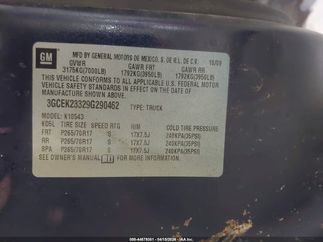 44879381 :رقم المزاد ، 3GCEK23329G290462 vin ، 2009 Chevrolet Silverado 1500 Lt مزاد بيع
