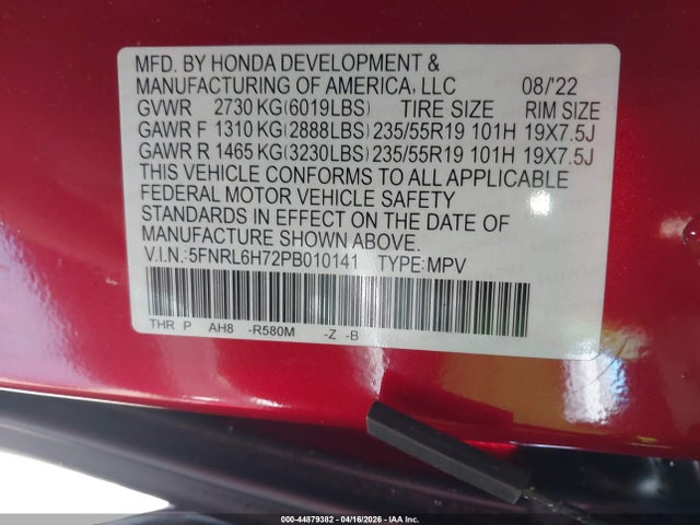 Продажа на аукционе авто 2023 Honda Odyssey Sport, vin: 5FNRL6H72PB010141, номер лота: 44879382