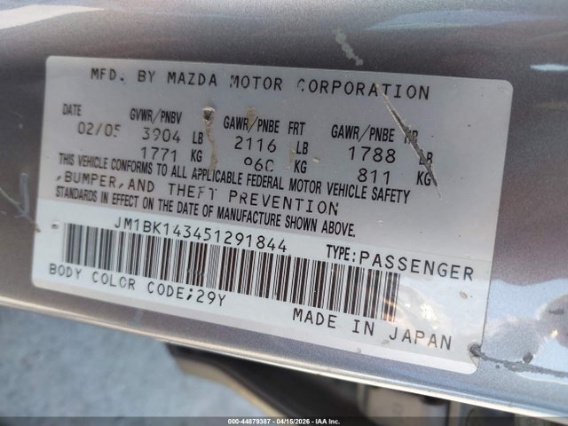 Aukcja sprzedaży 2005 Mazda Mazda3 S, vin: JM1BK143451291844, numer aukcji: 44879387