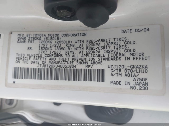 Продаж на аукціоні авто 2004 Lexus Gx 470, vin: JTJBT20X340051634, номер лоту: 44879392