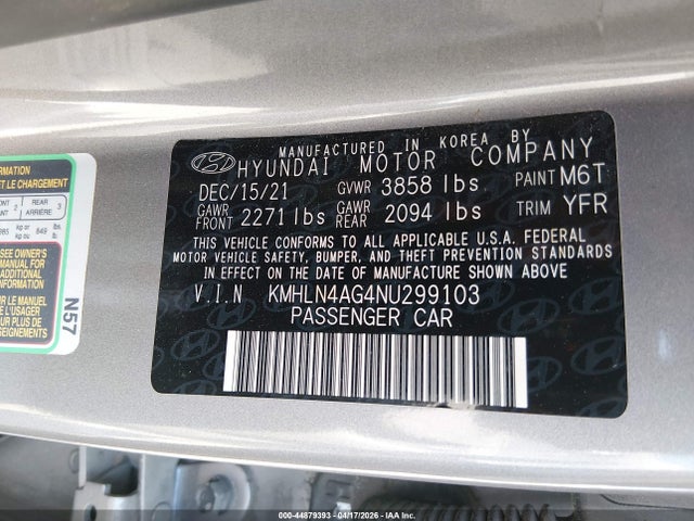 2022 Hyundai Elantra Sel მანქანა იყიდება აუქციონზე, vin: KMHLN4AG4NU299103, აუქციონის ნომერი: 44879393