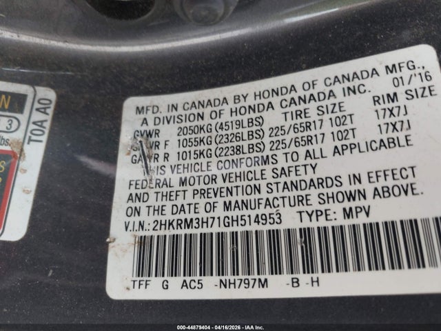 Продажа на аукционе авто 2016 Honda Cr-v Ex-l, vin: 2HKRM3H71GH514953, номер лота: 44879404