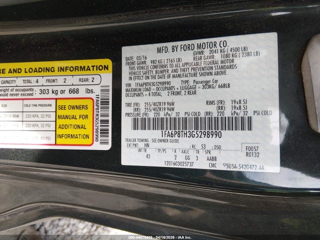 Продажа на аукционе авто 2016 Ford Mustang Ecoboost, vin: 1FA6P8TH3G5298990, номер лота: 44879405