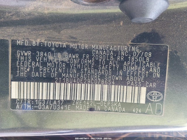 2009 TOYOTA COROLLA 2T1BU40E29C078654 Photo 8