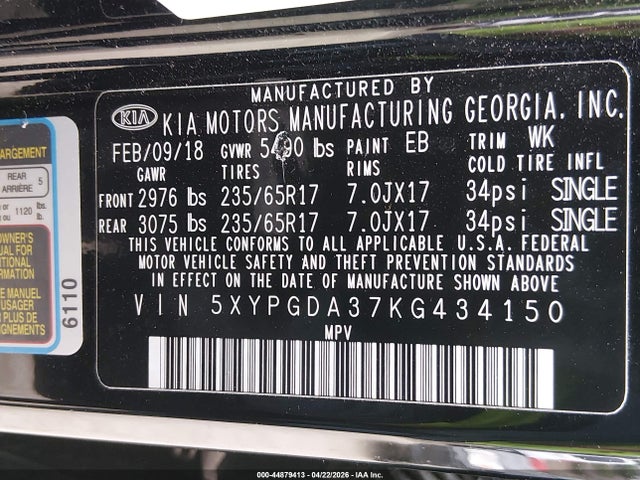 2019 Kia Sorento 2.4l Lx მანქანა იყიდება აუქციონზე, vin: 5XYPGDA37KG434150, აუქციონის ნომერი: 44879413
