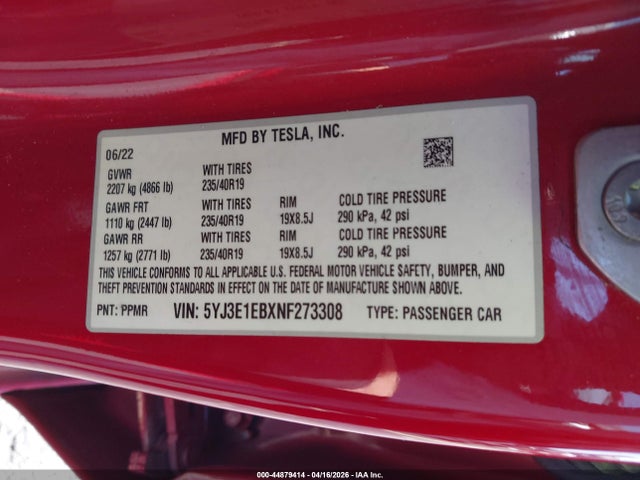 Продаж на аукціоні авто 2022 Tesla Model 3 Long Range Dual Motor All-wheel Drive, vin: 5YJ3E1EBXNF273308, номер лоту: 44879414